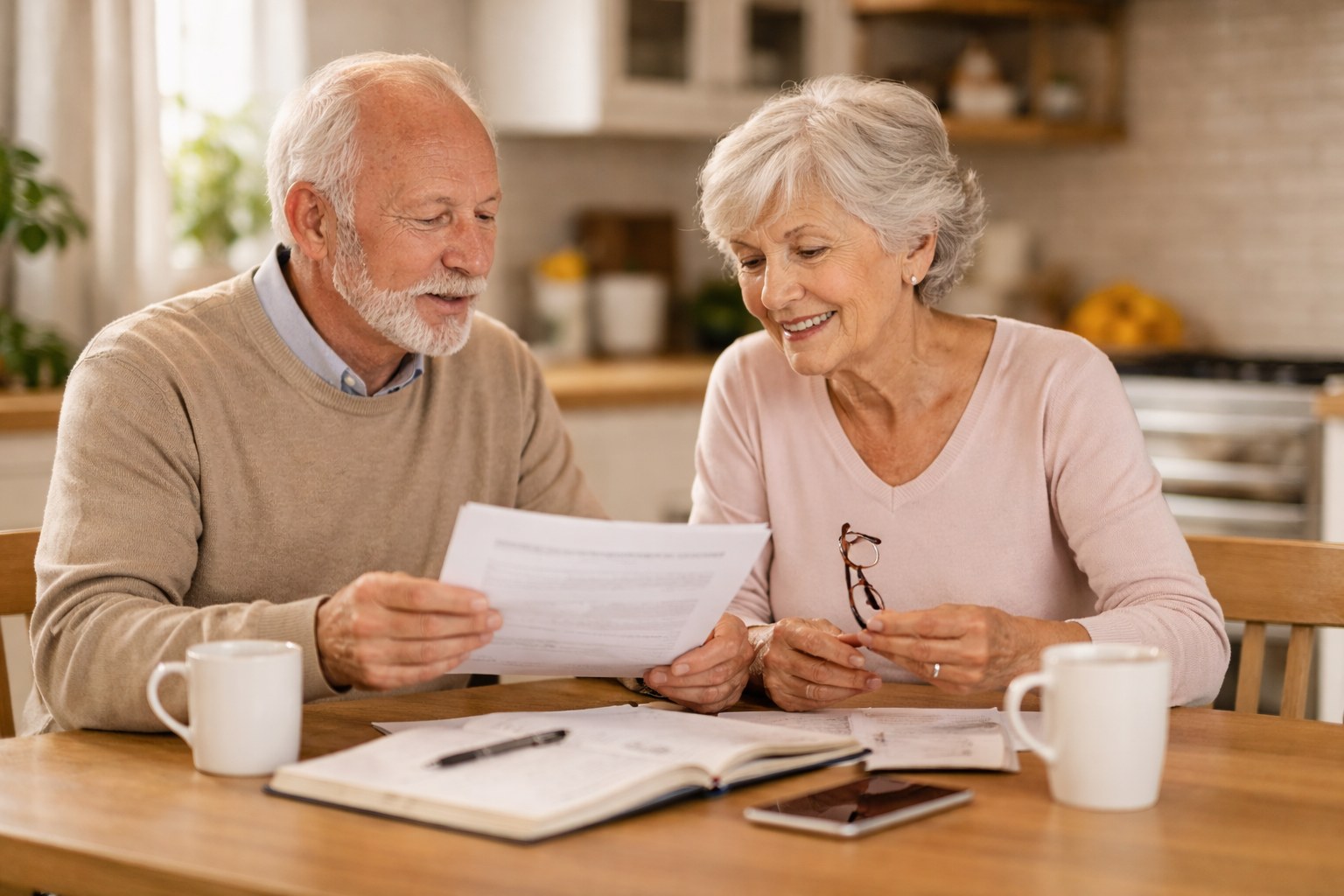 A senior couple reviewing paperwork together at home